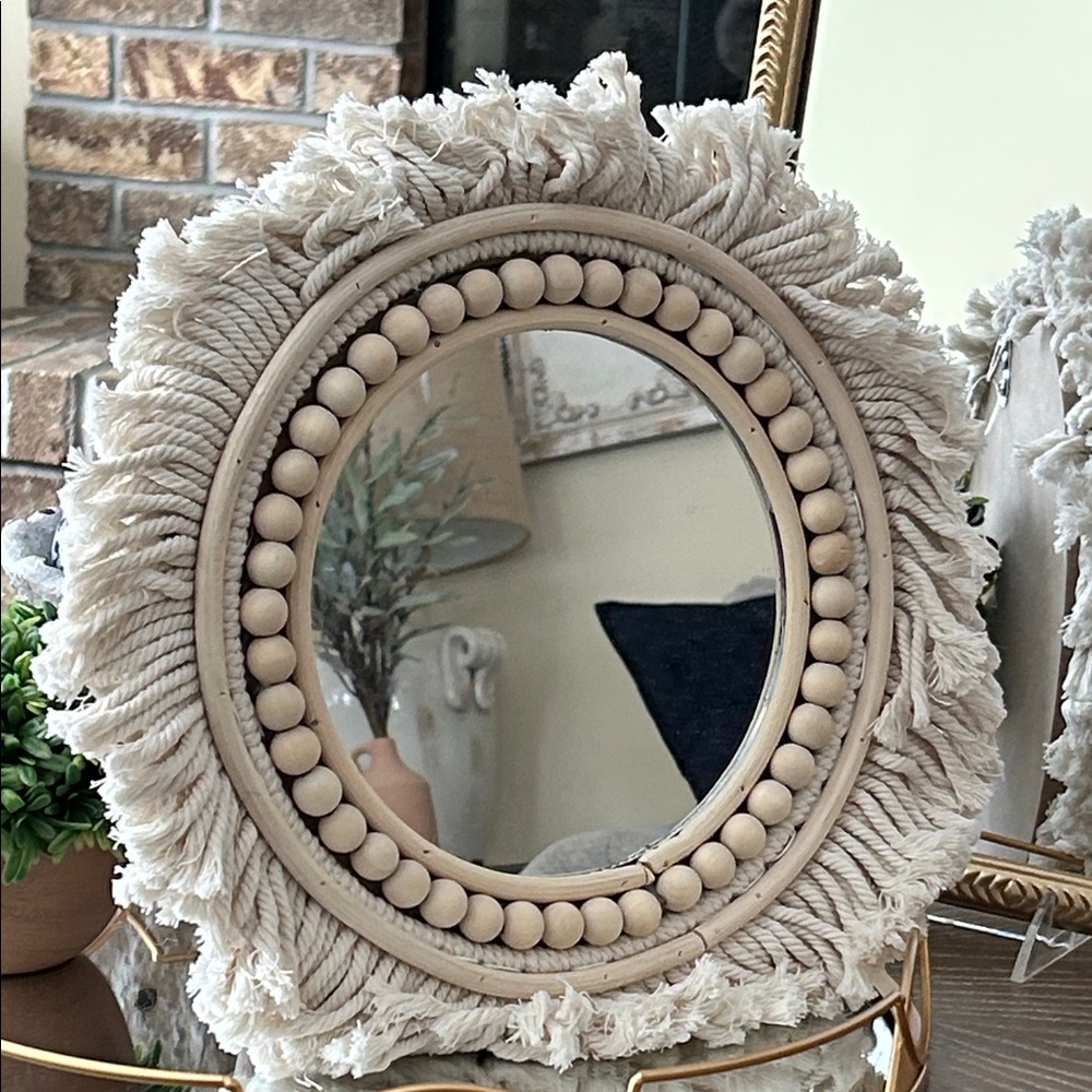 NEW! Vintage Inspired Cream Bohemian Macrame & Wood Beaded Fringe Wall Mirror